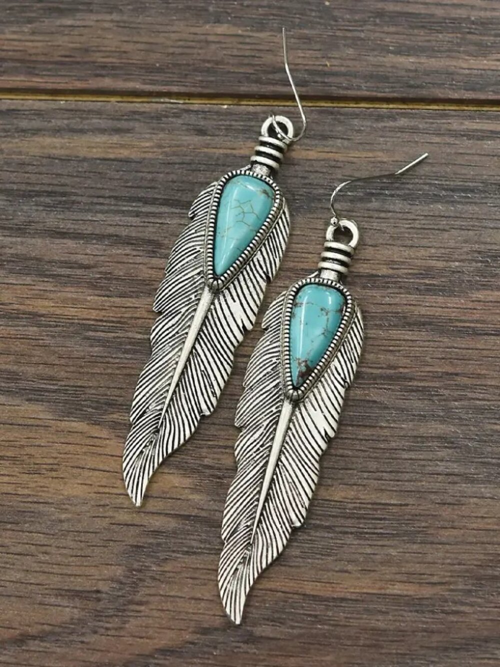 Turquoise Feather Earrings Western Boho Rodeo Navajo Style Silver Dangles